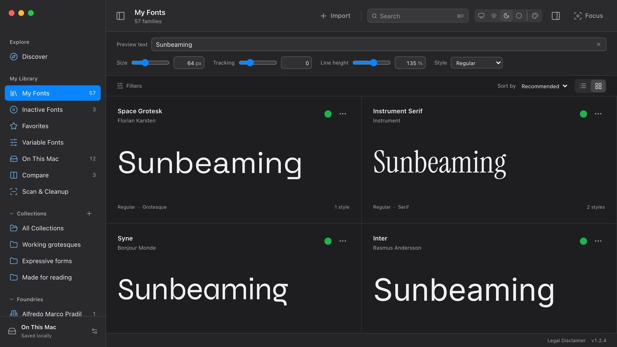 The same font library in Fonting’s dark mode.