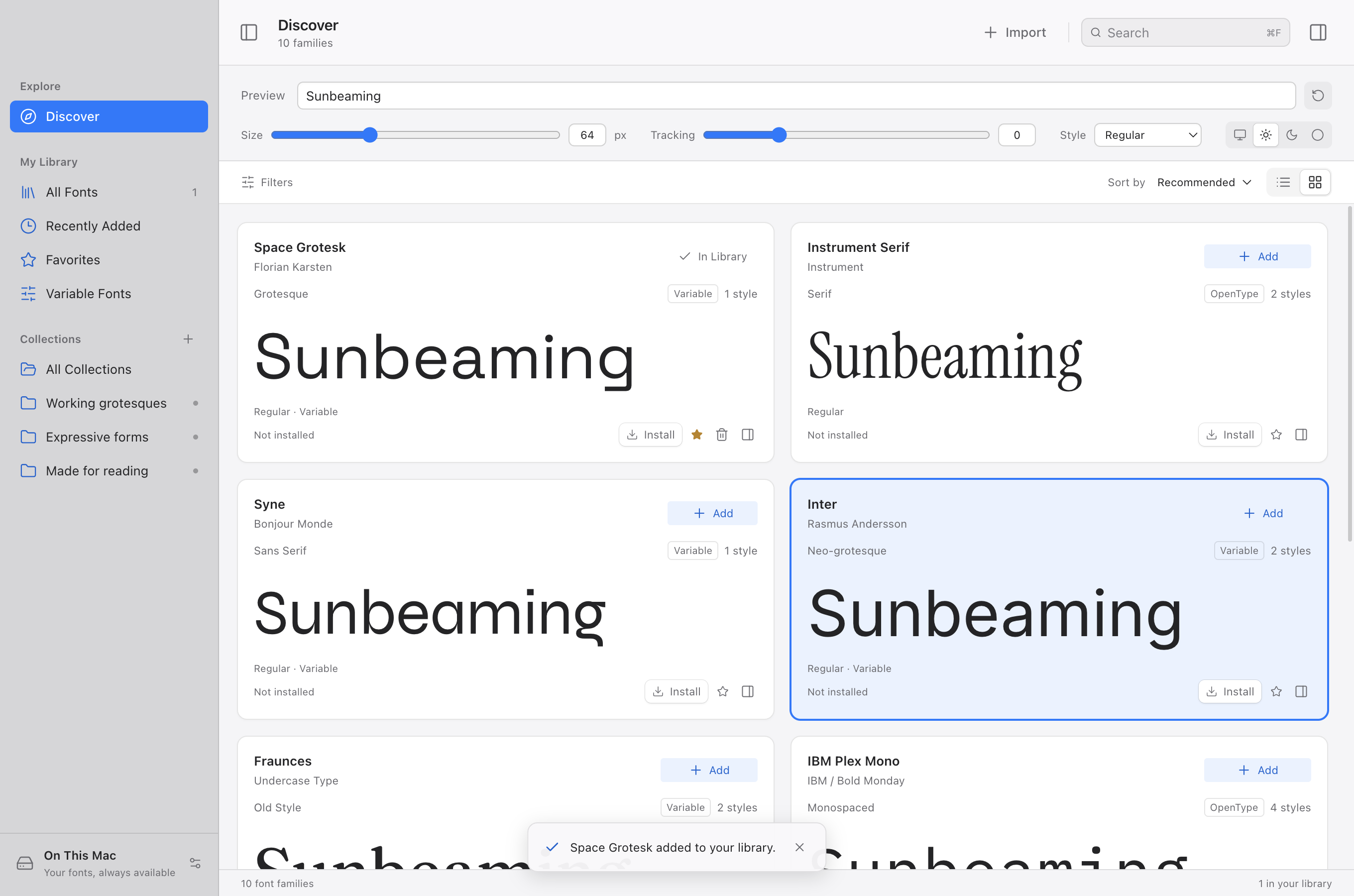 Fonting’s font browser, showing collections, preview controls, and a grid of typefaces including Space Grotesk, Instrument Serif, Syne, and Inter.