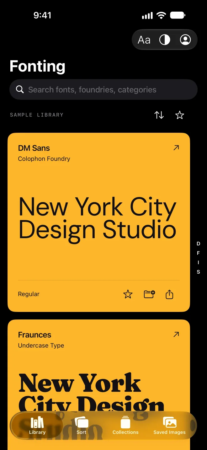 The Fonting library on iPhone: a feed of colorful specimen cards with search and an A–Z index.